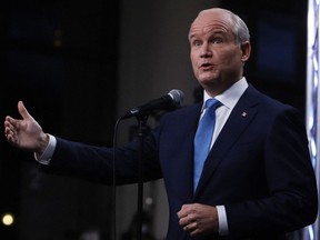 Conservative Leader Erin O'Toole speaks to the media following the French-language leaders debate during the Canadian federal election campaign in Gatineau, Quebec, Canada on September 8, 2021. (Photo by Fred Chartrand / POOL / AFP)