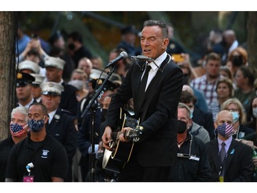 Musician Bruce Springsteen performs a song during a ceremony commemorating the 20th anniversary of the 9/11 attacks on the World Trade Center, in New York, on Sept. 11, 2021.