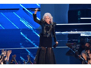 US singer Cyndi Lauper walks on stage during the 2021 MTV Video Music Awards at Barclays Center in Brooklyn, New York, September 12, 2021. (Photo by ANGELA  WEISS / AFP)
