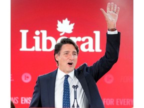 Canada's Liberal Prime Minister Justin Trudeau gestures during the Liberal election night party in Montreal, Quebec, Canada, September 21, 2021.