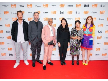 Honourees Benedict Cumberbatch, Denis Villeneuve, Dionne Warwick, Danis Goulet, Alanis Obomsawin and Jessica Chastain pose before a news conference for the 2021 TIFF Tribute Awards during the Toronto International Film Festival in Toronto, Sept. 11, 2021.