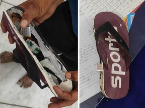 The sole of a typical flip flop is opened to expose the hidden Bluetooth device.