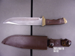 A bowie knife confiscated from an actor at the 7 Floors of Hell haunted house in Berea, Ohio after a boy was stabbed on Sept. 18, 2021.