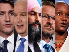 From left, Liberal Leader Justin Trudeau, Conservative Leader Erin O'Toole, NDP Leader Jagmeet Singh, Bloc Quebecois Leader Yves-Francois Blanchet and Green Party Leader Annamie Paul.