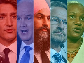 From left, Liberal Leader Justin Trudeau, Conservative Leader Erin O'Toole, NDP Leader Jagmeet Singh, Bloc Quebecois Leader Yves-Francois Blanchet and Green Party Leader Annamie Paul.