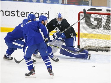 Toronto Maple Leafs  goalie Petr Mrazek defends the front of his crease at their practice facility in Etobicoke on Wednesday September 15, 2021. Jack Boland/Toronto Sun/Postmedia Network