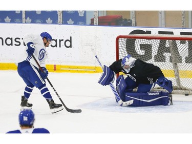 Toronto Maple Leafs  goalie Petr Mrazek defends the front of his crease at their practice facility in Etobicoke on Wednesday September 15, 2021. Jack Boland/Toronto Sun/Postmedia Network