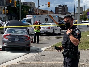 Durham Regional Police at the scene of a shooting outside a Husky gas station on Bond St. at Ritson Rod. around noon, Thursday, Sept. 9, 2021.