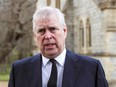 Prince Andrew speaks to the media during Sunday service at the Royal Chapel of All Saints at Windsor Great Park, Britain following Friday's death of his father Prince Philip at age 99, April 11, 2021.