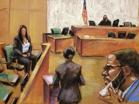 "Sonia" (Jane Doe 3) is questioned by prosecutor Maria Melendez as she testifies during R. Kelly's sex abuse trial at Brooklyn's Federal District Court in a courtroom sketch in New York, U.S., September 9, 2021.