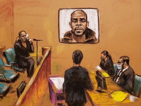 Cheryl Mack is questioned by Assistant U.S. Attorney Nadia Shihata during R. Kelly's sex abuse trial at Brooklyn's Federal District Court in a courtroom sketch in New York, U.S., September 17, 2021.