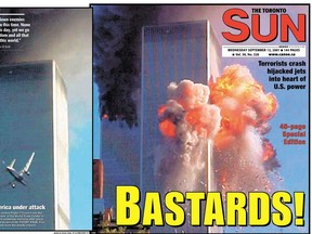 The Toronto Sun wraparound frontpage for Wednesday, September 12, 2001 with the headline Bastards!