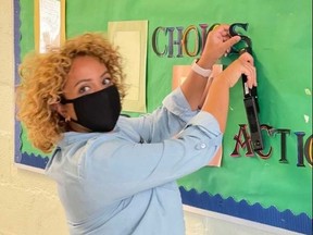 TDSB special needs teacher Natasha Datoo preparing her classroom Friday at Drewry Secondary in North York.