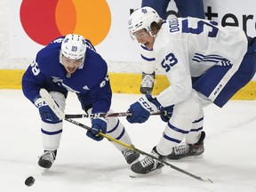 Toronto Maple Leafs forward Nick Robertson (left) battles for the loose puck against Curtis Douglas.