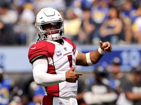 Kyler Murray of the Arizona Cardinals calls a play during their game against the Los Angeles Rams.