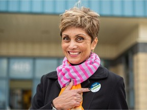 Mayoral candidate Jyoti Gondek poses for a photo outside Captain Nichola Goddard School after casting her vote on municipal election day in Calgary on Monday, October 18, 2021.