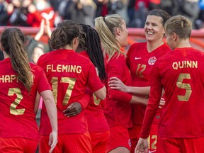 Canada celebrates after (No. 12) Christine Sinclair scores during the first half of a Celebration Tour game against New Zealand in Ottawa on Oct. 23, 2021. Canada won the second game of the tour 1-0 in Montreal on Oct. 26, 2021.