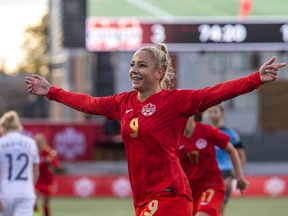 Canada's Adriana Leon celebrates her goal in the second half of a game against New Zealand in at TD Place Stadium in Ottawa on Oct. 23. ASHLEY FRASER/POSTMEDIA