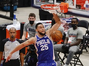 Ben Simmons of the Philadelphia 76ers dunks during the first quarter against the Washington Wizards during Game Four of the Eastern Conference first round series at Capital One Arena on May 31, 2021 in Washington, DC.