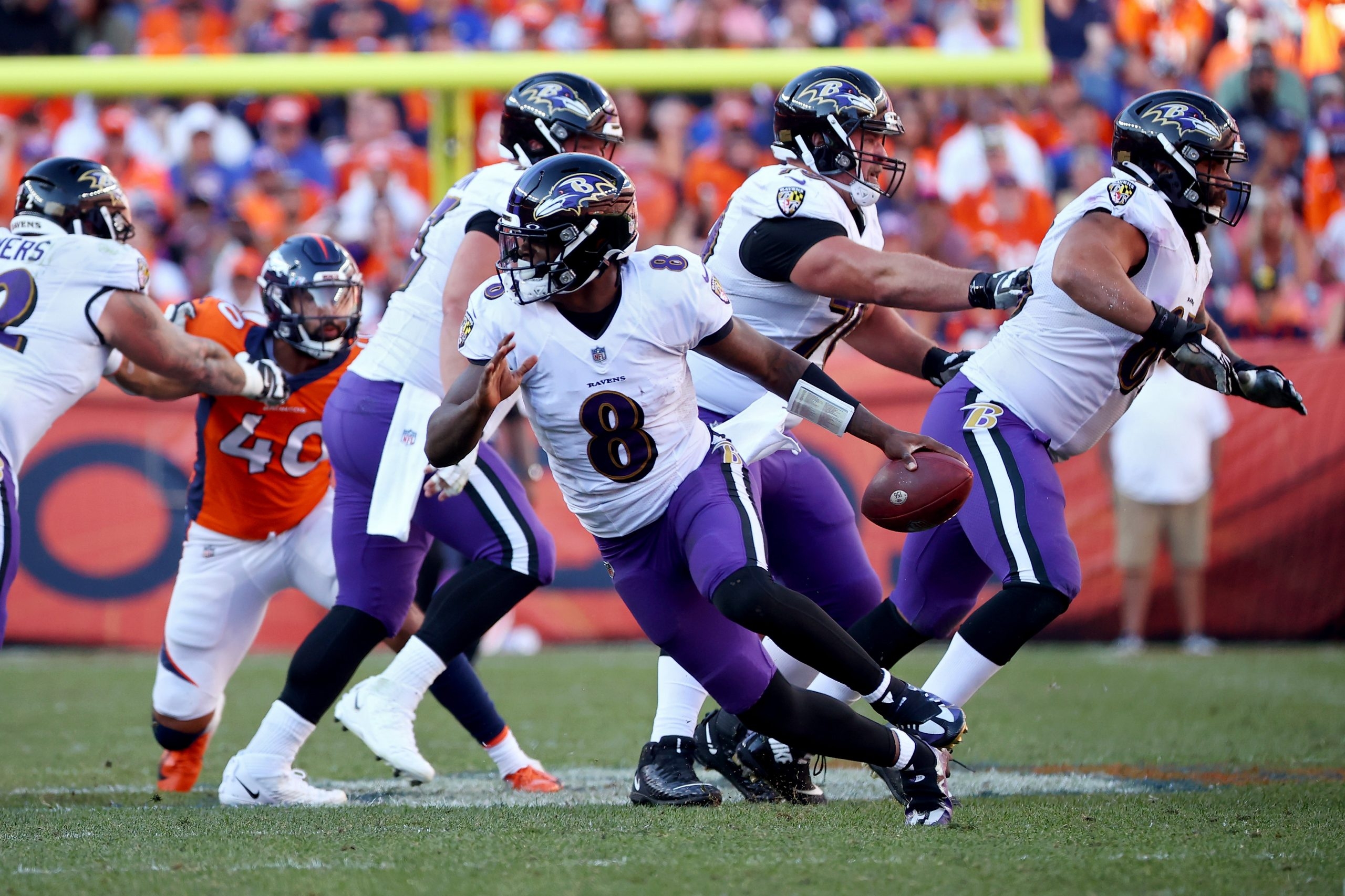 Quarterback Lamar Jackson of the Baltimore Ravens rushes against the