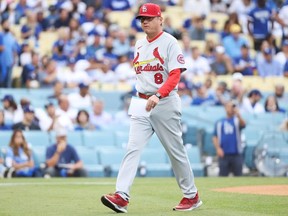 Manager Mike Shildt #8 of the St. Louis Cardinals walks on the field prior to their National League Wild Card Game against the Los Angeles Dodgers at Dodger Stadium on October 06, 2021 in Los Angeles, California.