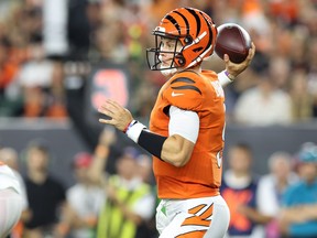 Joe Burrow of the Cincinnati Bengals throws against the Jacksonville Jaguars.