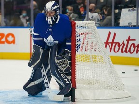 Toronto Maple Leafs goaltender Alexander Bishop (70) warms up before the start of a game against the Ottawa Senators.. The Maple Leafs signed the University of Toronto player to a one-day amateur try out as a backup goaltender.