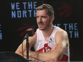 Toronto Raptors guard Goran Dragic speaks to reporters.