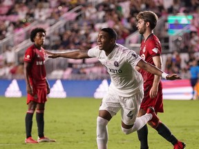 Inter Miami CF defender Christian Makoun celebrates after scoring a goal against Toronto FC on Wednesday night.