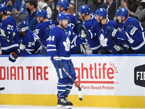 Maple Leafs defenceman Morgan Rielly (44) celebrates with teammates after scoring against the Senators in the first period at Scotiabank Arena in Toronto, Oct. 9, 2021.