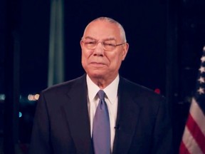 Former U.S. Secretary of State Colin Powell speaks by video feed during the virtual 2020 Democratic National Convention as participants from across the country are hosted over video links from the originally planned site of the convention in Milwaukee, Wisconsin, August 18, 2020.