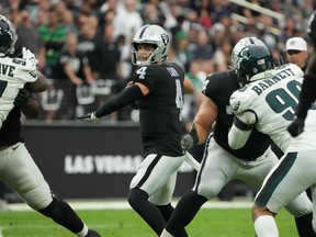Las Vegas Raiders quarterback Derek Carr (4) throws the ball against the Philadelphia Eagles  in the first half at Allegiant Stadium Oct. 24, 2021. (Kirby Lee-USA TODAY Sports)