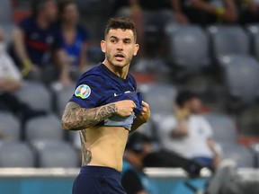 France's defender Lucas Hernandez celebrates his first goal during the UEFA EURO 2020 Group F football match between France and Germany at the Allianz Arena in Munich June 15, 2021.