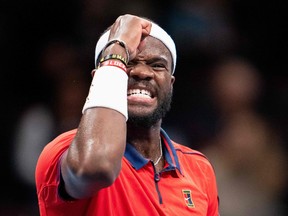 Frances Tiafoe reacts after winning against Greece's Stefanos Tsitsipas (not pictured) during the men's singles match at the Erste Bank Open Tennis tournament in Vienna, Austria on October 28, 2021.