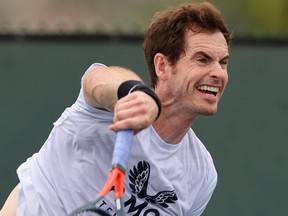 Andy Murray serves during a practice session on Day 4 of the BNP Paribas Open at the Indian Wells Tennis Garden in Indian Wells, Calif., on March 7, 2021.