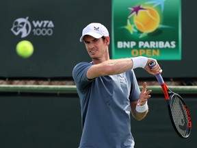Andy Murray plays a forehand during practice on Day 1 of the BNP Paribas Open at the Indian Wells Tennis Garden on March 4, 2021 in Indian Wells, California.