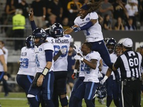 Toronto Argonauts' Boris Bede kicks the winning field goal at the end of the fourth quarter to defeat the Ticats 24-23  in Hamilton on Monday, Oct. 11, 2021.