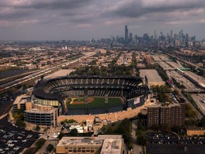 In this aerial view from a drone, Guaranteed Rate Field is seen as Game 4 of the American League Division Series between the White Sox and Astros was postponed due to inclement weather in Chicago on Monday, Oct. 11, 2021.