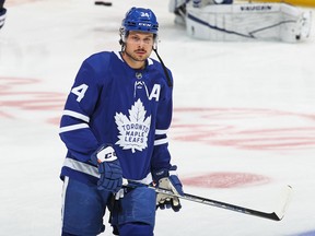 Auston Matthews of the Toronto Maple Leafs warms up prior to playing the Montreal Canadiens at Scotiabank Arena on May 31, 2021 in Toronto.