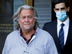Former White House Chief Strategist Steve Bannon exits the Manhattan Federal Court, following his arraignment hearing for conspiracy to commit wire fraud and conspiracy to commit money laundering, in the Manhattan borough of New York City, New York, U.S. Aug. 20, 2020.