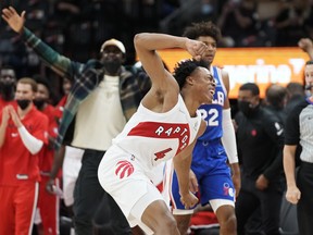 Raptors' Scottie Barnes celebrates against the Philadelphia 76ers in pre-season action at Scotiabank Arena on Monday, Oct. 4, 2021 in Toronto.