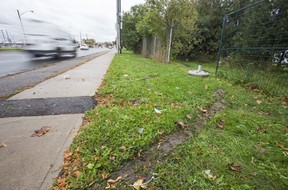 Tire marks on the grass along Pharmacy Ave., south of Eglinton Ave. E. in Toronto, Ont. on Monday, Oct. 25, 2021. This is the area where police were called about a report of a Beck taxi that crashed into a fence. The driver was wounded and later died in hospital. ERNEST DOROSZUK/TORONTO SUN