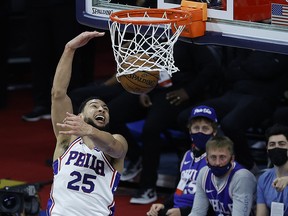 Ben Simmons of the Philadelphia 76ers dunks against the Atlanta at Wells Fargo Center on June 20, 2021 in Philadelphia.