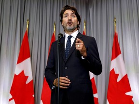 Prime Minister Justin Trudeau speaks during a news conference at a Cabinet retreat in Ottawa on Sept. 14, 2020.