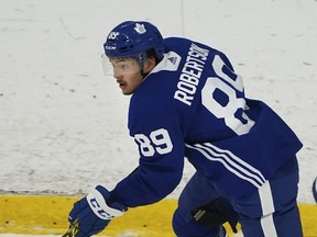 Toronto Maple Leafs forward Nicholas Robertson during NHL training camp in Toronto on Thursday, September 23, 2021.