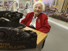 Former Mississauga mayor Hazel McCallion is pictured at the exhibit, "100 Years of Memories," at the Erin Mills Town Centre, on Oct. 26, 2021