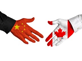 China and Canada leaders shaking hands on a deal agreement