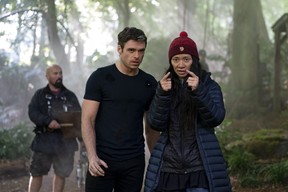 Richard Madden and director Chloe Zhao on the set of Marvel Studios’ Eternals.