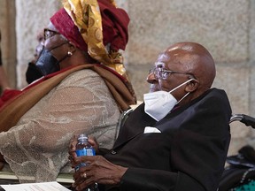 Archbishop Emeritus and Nobel Peace Laureate Desmond Tutu attends a service at St. George's Cathedral to celebrate his 90th birthday in Cape Town, on October 7, 2021.