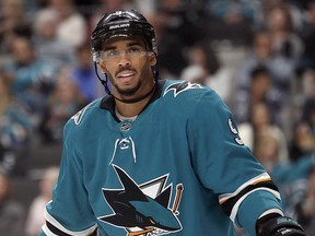 In this Oct. 13, 2019, file photo, San Jose Sharks left wing Evander Kane is seen during a game against the Calgary Flames in San Jose, Calif.